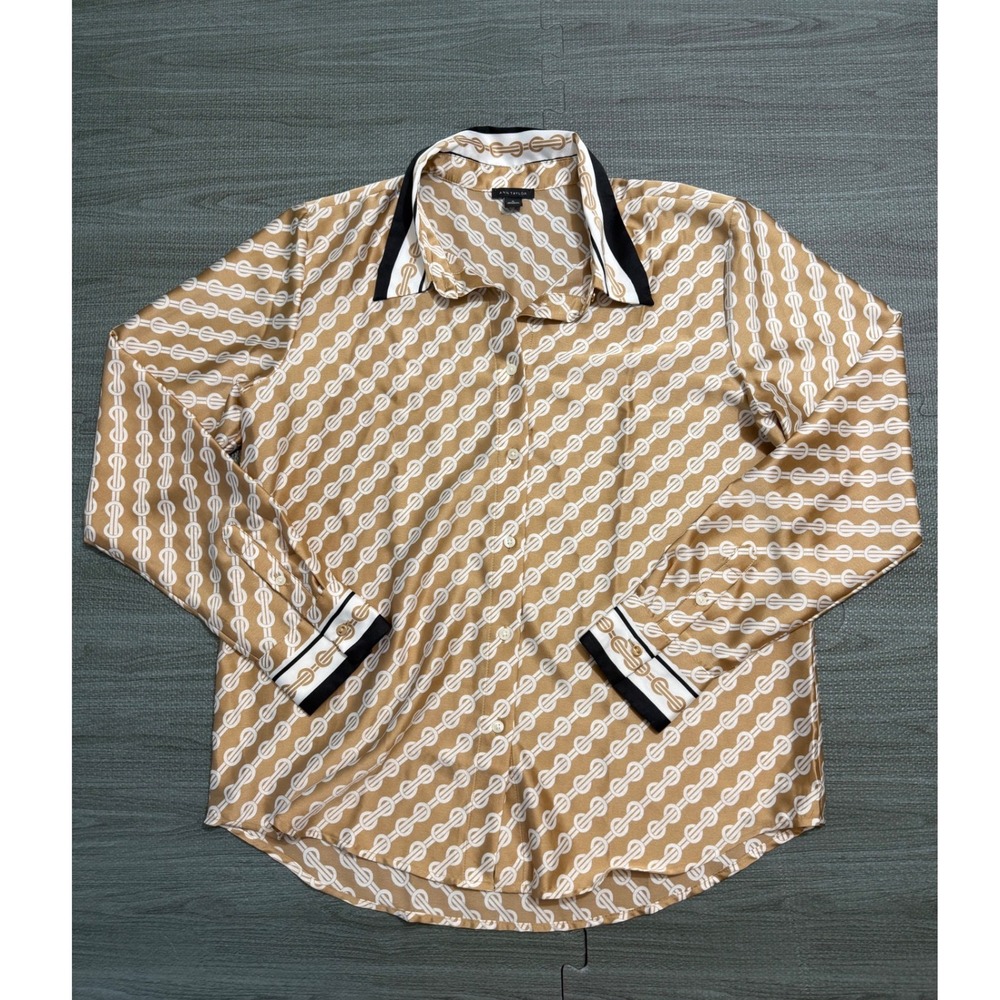 Ann Taylor Tan White Chain Link Print Contrast Collar Button Down Blouse M